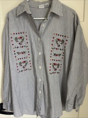 100% cotton  Navy and White Striped Cotton Shirt with floral embroidery